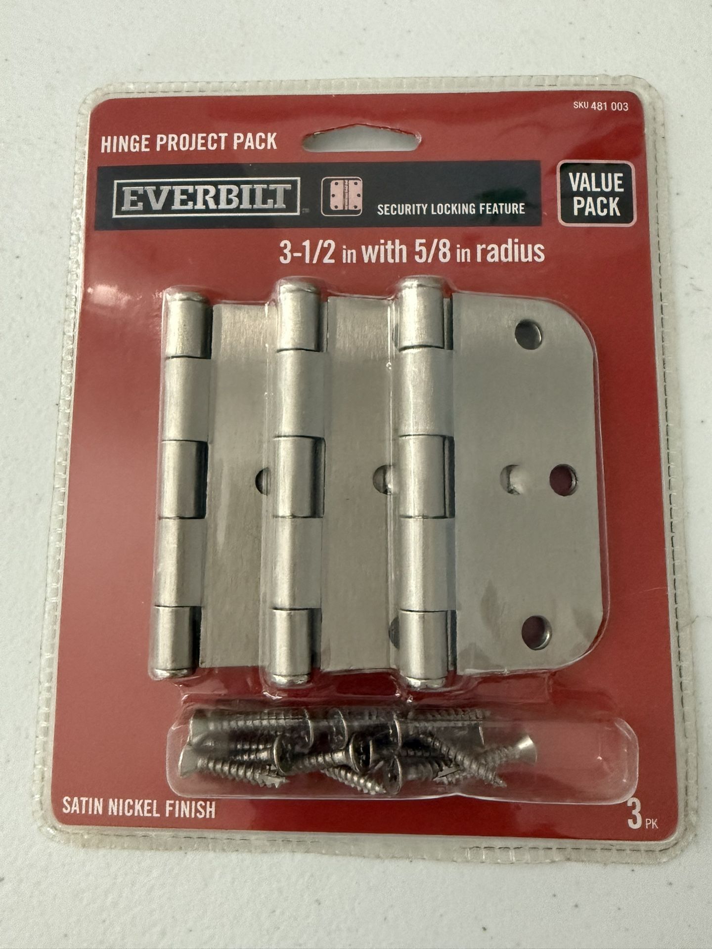 3 Pack Everbilt Security Door Hinge Satin Nickel 3-1/2" x 5/8" Radius 481 003
