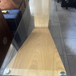 Console - glass entryway table, bent wood, infinity base, mid-cen modern vibe, contemporary, minimal