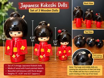 Set of 3 Kokeshi-Style Wooden Dolls – Red Floral Kimono