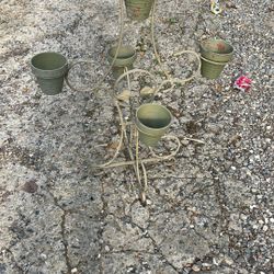 5 Flower Pots On Metal Stand Vintage 