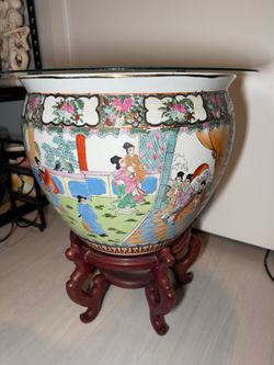 Large Chinese Porcelain Fishbowl Planter w/ Wood Stand & Glass Top