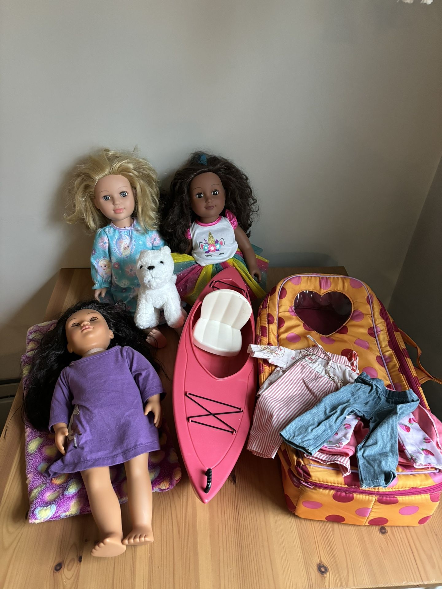 18” Our Generation Girl Doll Lot With Clothing Carry Case Puppy Pet Kayak Boat Etc Nice Variety
