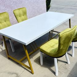 Upscale Modern 6-Piece Dining Set – White Extendable Table + 4 Olive Velvet Chairs | Gold Frame