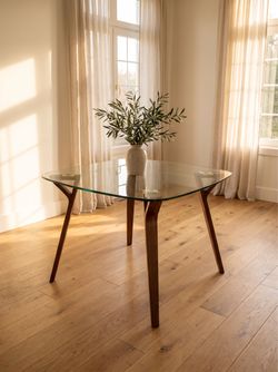 Mid-Century Modern Glass Top Dining Table – Sculptural Walnut Y-Legs – Brass Details