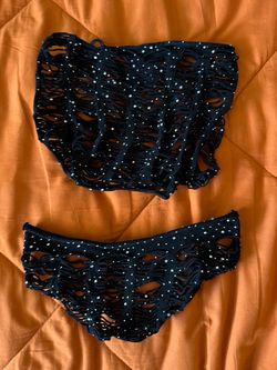 Black Rhinestone Shredded Two-Piece Set
