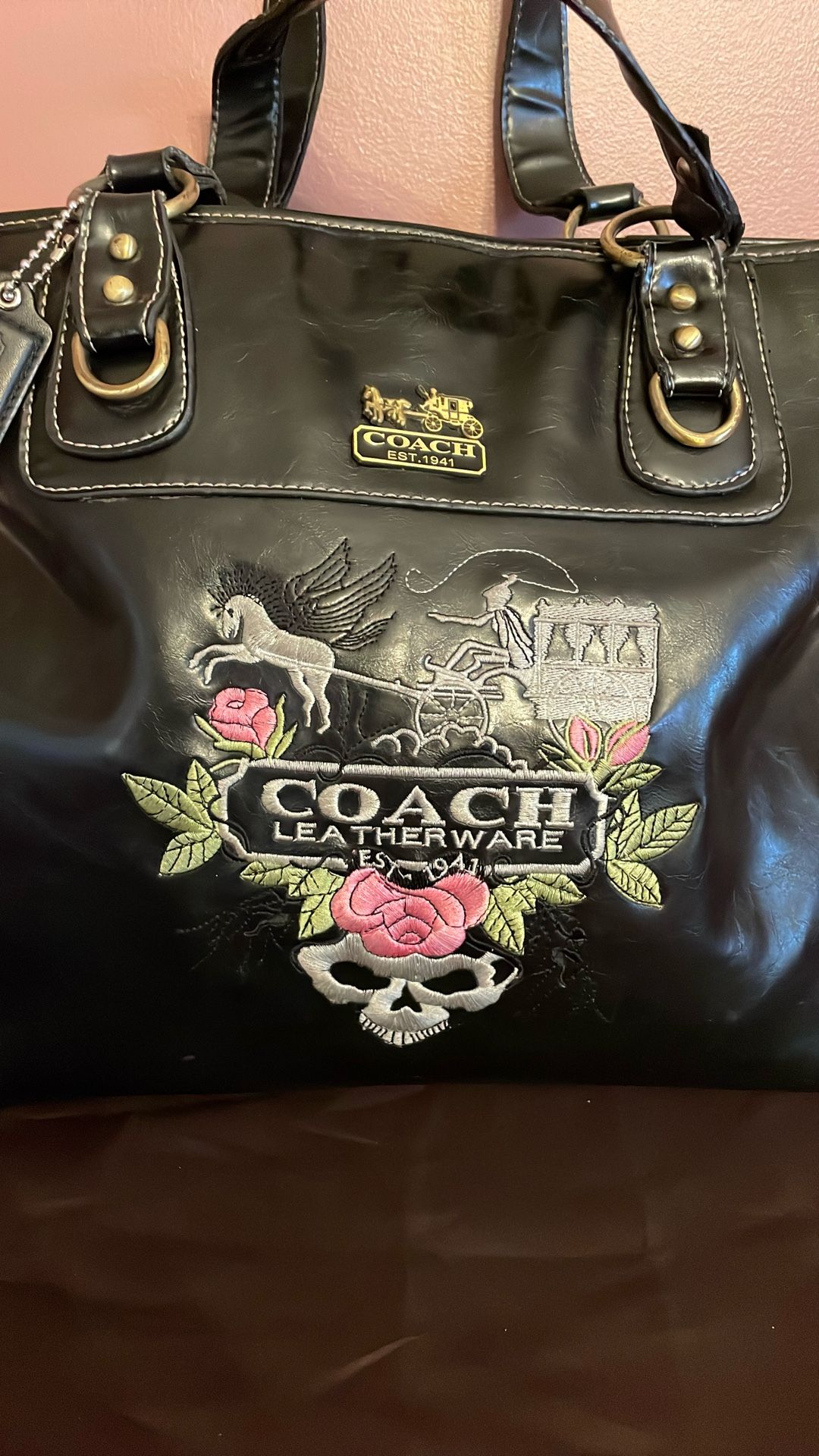 DUPE Coach Tattoo Pegasus Skull Carriage Black Tote Leather Embroidered Halloween Shoulder Bag & Dust Cover