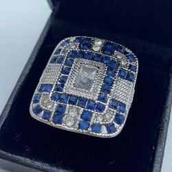 Antique Art Deco Natural Blue Sapphire & CZ Gemstone Silver Ring - Size 6