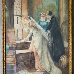 Vintage Victorian Scene Watercolor 18x25 Ornate Gold Frame