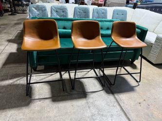 26 Inch Bar Stools Set of 3, Counter Height Bar stools for Kitchen Island, Modern Crazy Horse Leather Bar Stool with Back and Metal Legs, Whiskey Brow