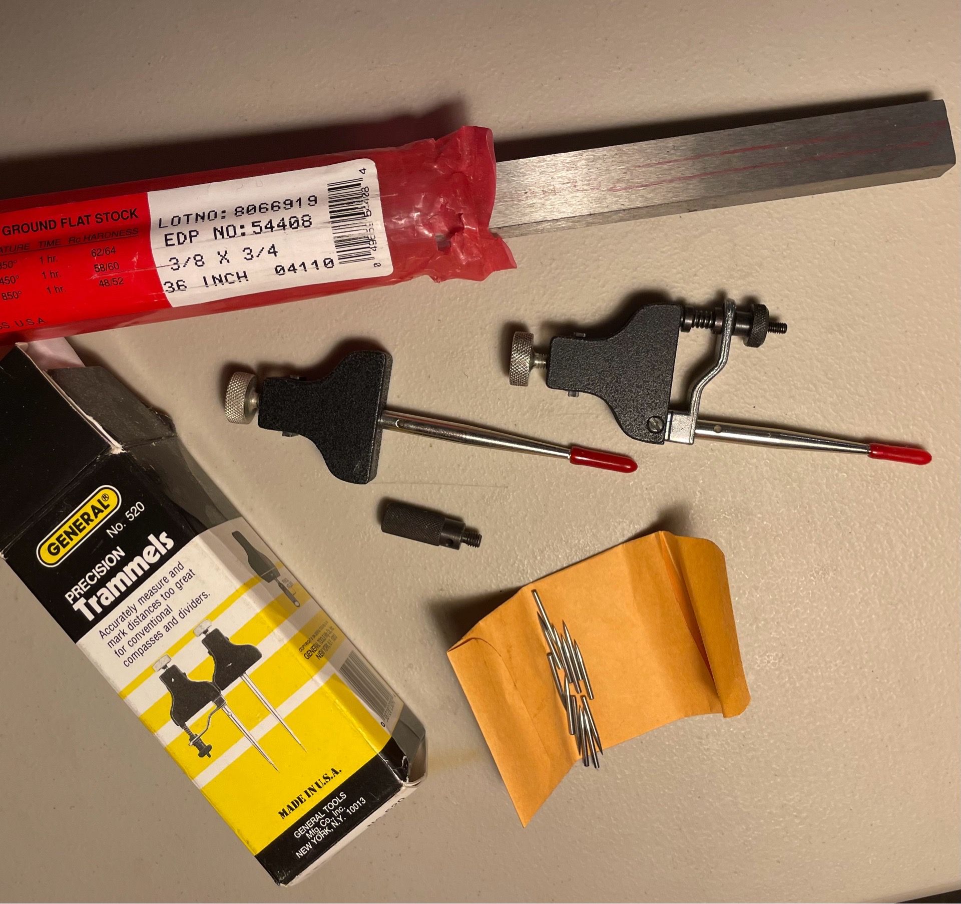 Precision Trammels & 36” Starrett Oil-Hardening Ground Flat Stock