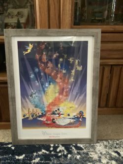 New Framed “Where Magic Lives Walt Disney World” size 26” x 20” with plexiglass ( plexiglass has some scratches on it)