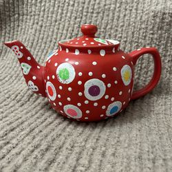 Red Hand Painted Tea Pot With Multicolor Hearts And Dots
