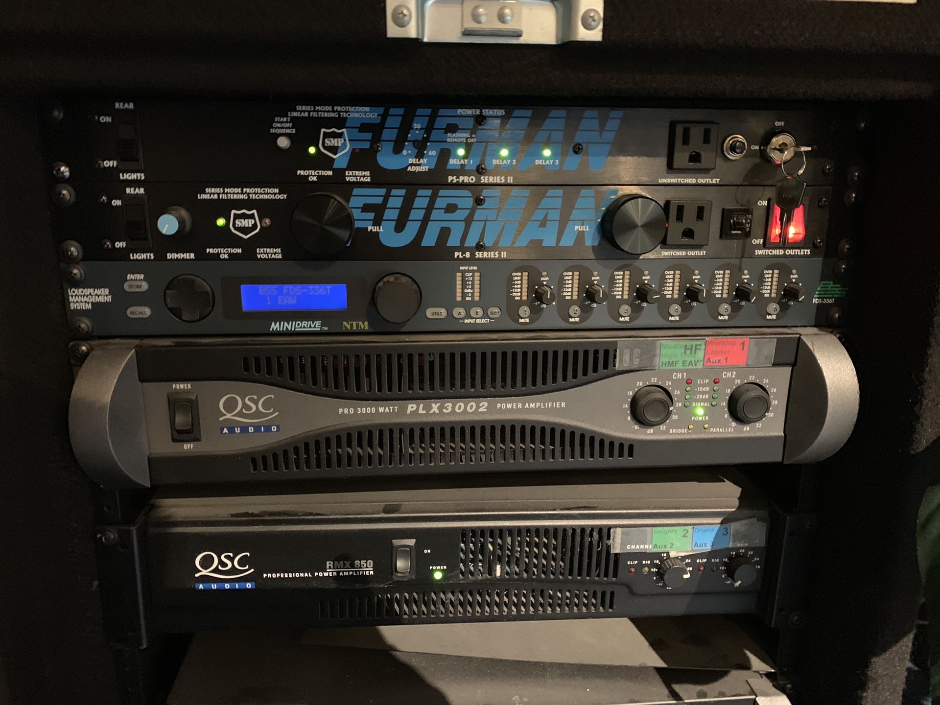 One QSC PLX-3002 3000 watt Powerlight Amplifiers