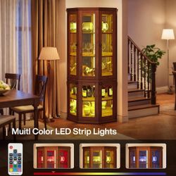 Tribesigns Corner Storage Cabinet, 71" Tall Corner Cabinet with Doors & LED Lights, 5-Tier Mid-Century Display Shelf for Living Room, Kitchen, Walnut 