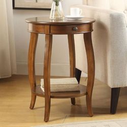 Wooden Round End Table with Bottom Shelf in Walnut