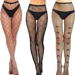 3 Pairs Patterned Fishnet Stockings High Waist Black Fishnet Tights for Women Thigh High Pantyhose