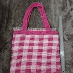 Pink Gingham Crochet Tote Bag