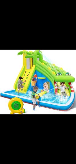 Inflatable Water Slide：5 in 1 Crocodile Bounce House Water Park for Kids - Climbing Wall Splash Pool Water Cannon Basketball Rim