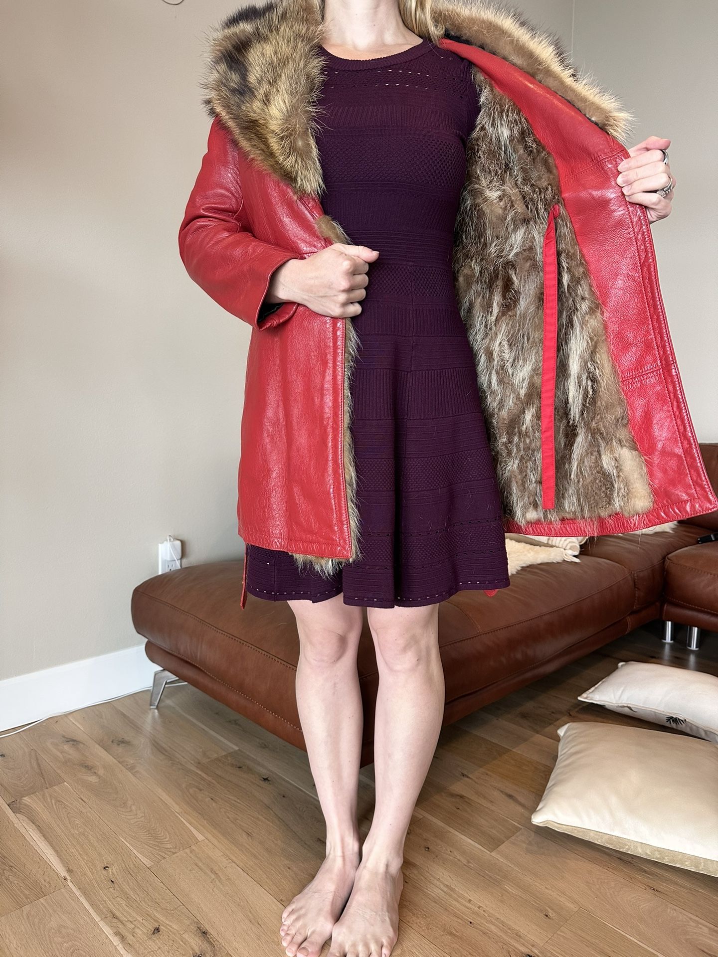Red Leather And Fur Coat