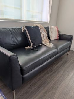 Navy Blue Leather Sofa with Gold Metal Legs