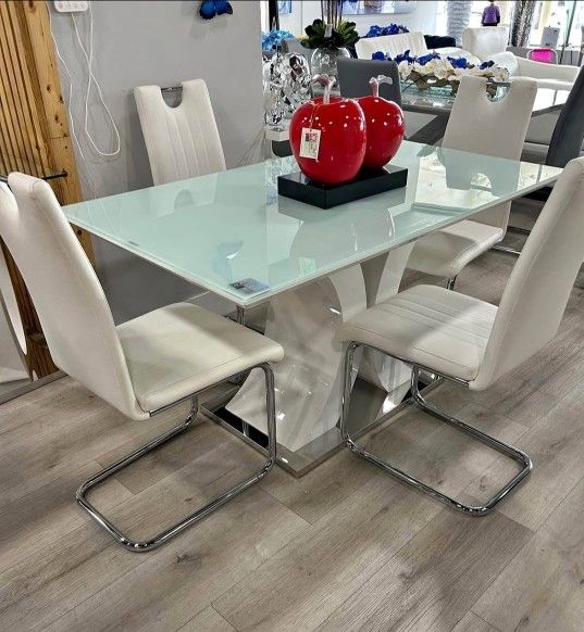 White Table 4 Chairs Dining Set Dining Table 