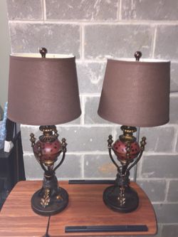 Set of brown/gold vintage lamps gorgeous brown shade 13” with adjustable height base holder