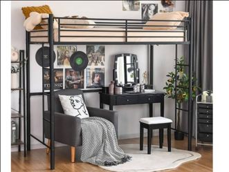 Giantex Black Metal Loft Bed twin size with 2 ladders and guardrails