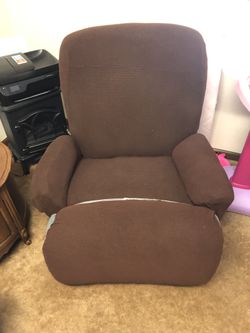 Older style lazyboy, red chair and ottoman, love seat and pillows