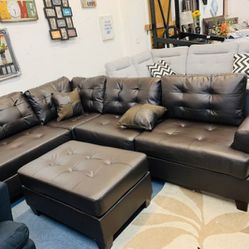 Brand New Espresso Color Faux Leather Sectional Sofa Couch +Ottoman  Thumbnail