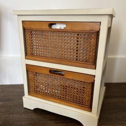 Set of 2 Cream Wood & Brown Wicker Office Cabinets / Nightstands with Drawers / End Tables