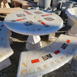 Concrete Mosaic Picnic Table with 3 Benches/ Outdoor Patio Furniture / Patio Set