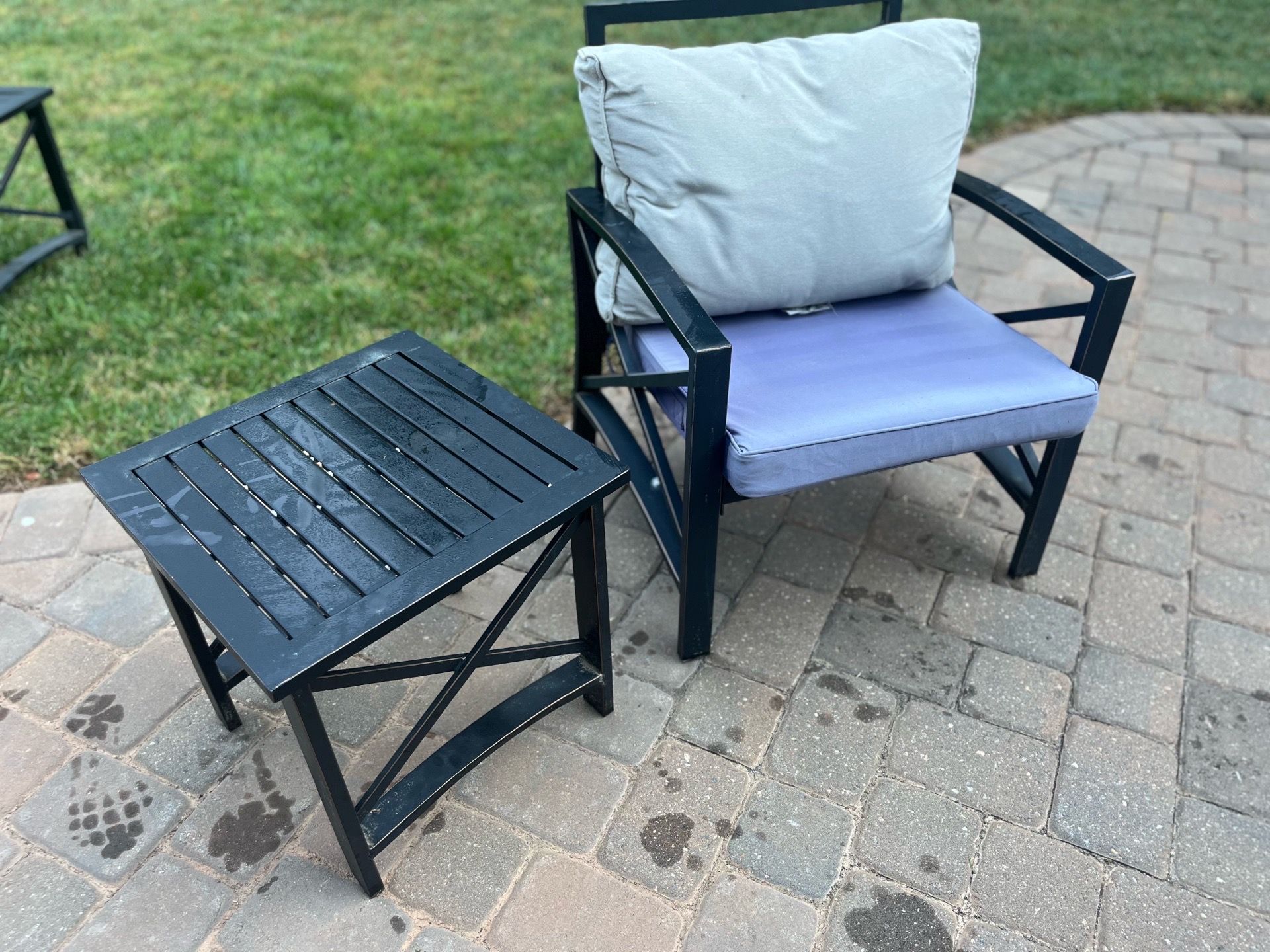 Outdoor furniture, metal chair with two tables