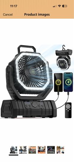 Camping Fan - 20000mAh Battery Powered Fan Rechargeable with LED Lantern - Portable Outdoor Tent Fans with Hanging Hook 4 Speeds Wind Remote Control, 