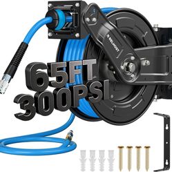 Retractable Air Hose Reel, 65 ft x 3/8 in Hybrid Air Hose Max 300PSI, Heavy Duty Air Compressor Hose Reel with Dual Arms, Auto Rewind, 180° Swivel Cei