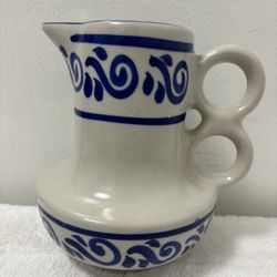 Vintage Mexican Blue Ceramic Pottery Pitcher With Double Loop Handles 
