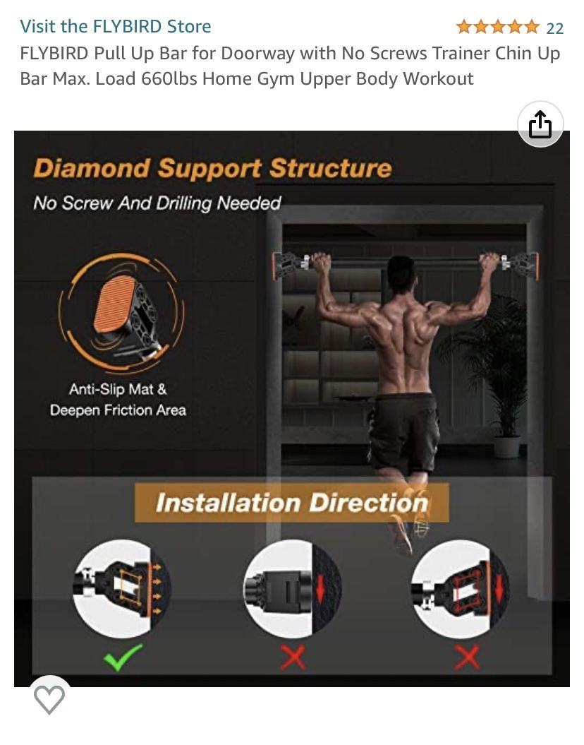 FLYBIRD Pull Up Bar for Doorway with No Screws Trainer Chin Up Bar Max. Load 660lbs Home Gym Upper Body Workout