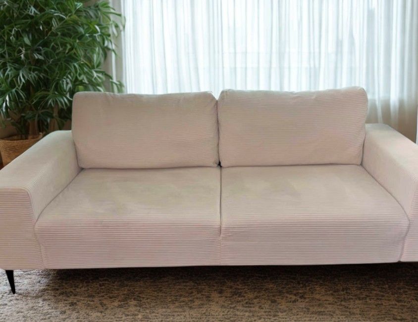 Super cute & comfy cozy cream corduroy mid century sofa couch