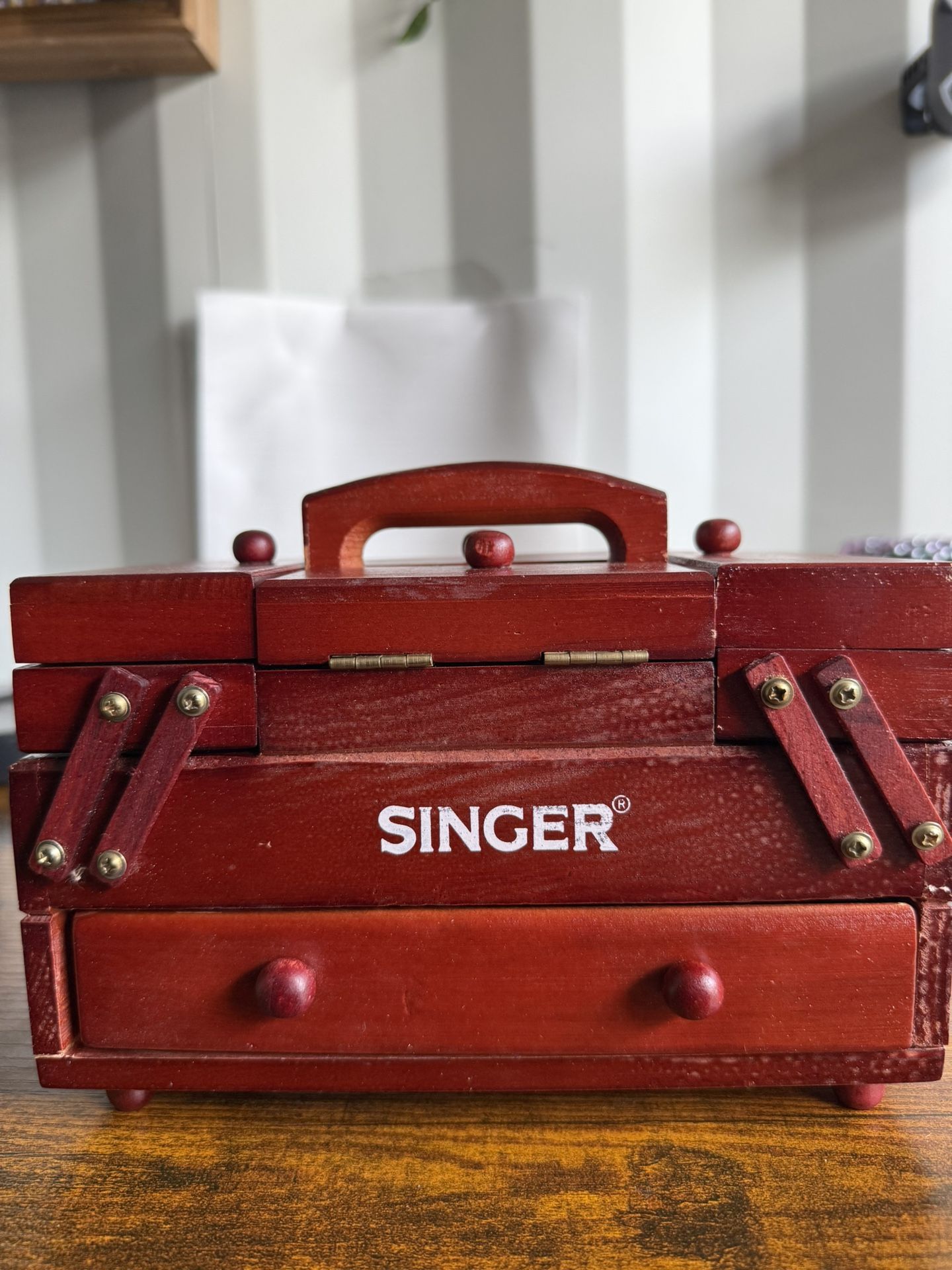 Vintage Singer Wooden Sewing Box with Handle + Sewing Kit & 100 Spools of Thread