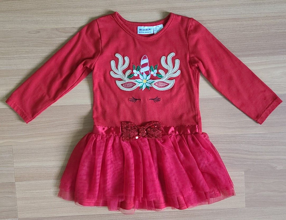 3T Girls, Blueberi Boulevard, Reindeer Unicorn Red Dress with Soft Tulled Skirt & Sequined Bow
