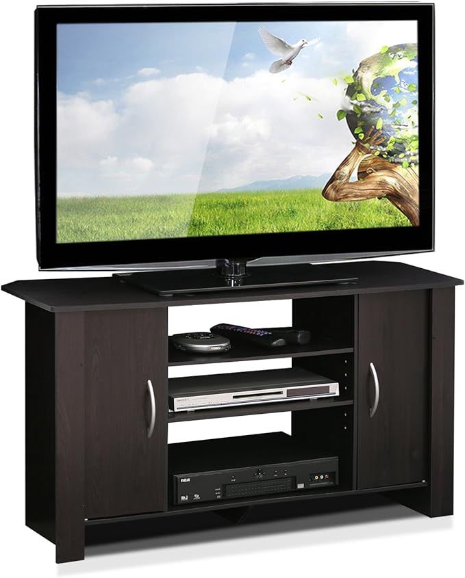 TV Stand Entertainment Center, Espresso  Concealed doors provide a hidden storage space to keep loose stuff such as for DVDs, games and CDs Open stora