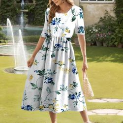 White Floral Print Maxi Dress for Women Casual Short Sleeve Summer Dress Loose Fit Floral   Size L  Brand new 