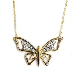 Cubic zirconia butterfly pendant with chain 14K REAL YELLOW GOLD.