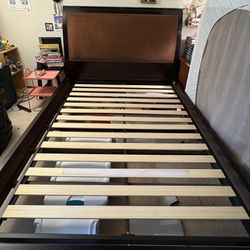 Solid Wood Queen Sized Bedframe with Suede Headboard Inset with Nailhead Trim