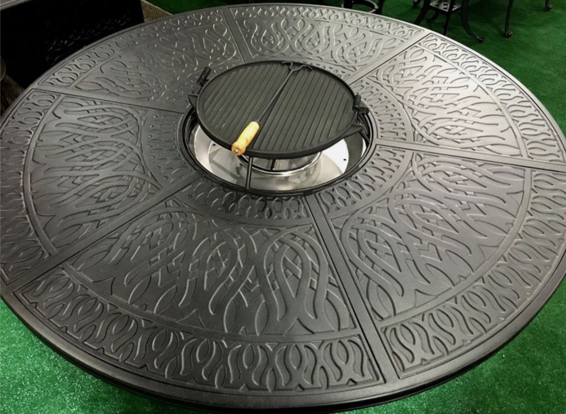 Propane fire pit outdoor grill table 6 Palm Tree swivel rockers with cushions.