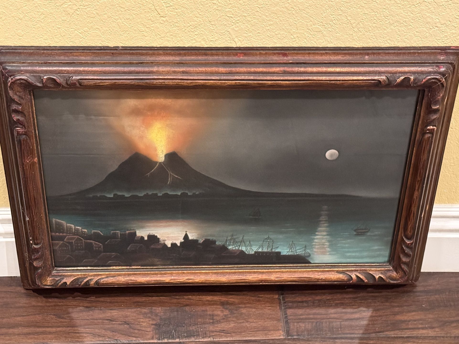SUPERB Mt. Vesuvius Erupting at Night OLD Antique Pastel Painting