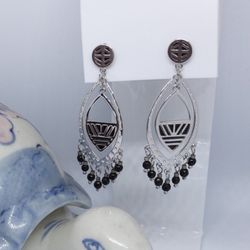 Delicate Alloy Medium Size Earrings For Women.    Black And Silver 