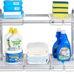 Under Sink Shelf Organizer, 2-Tier Storage Rack with Flexible & Expandable 15 to 25 inches for Kitchen Bathroom Cabinet