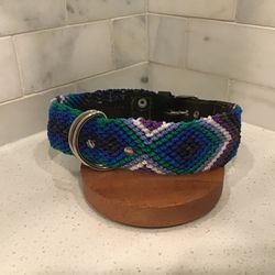 Handmade Dog Collar – 18” M/L – Blue, Purple & Teal Diamond Pattern