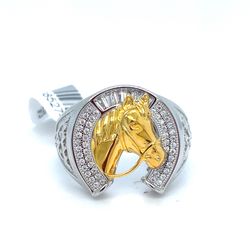 925 Sterling Silver Two Tone CZ Horse Ring 9.10g Size 12 198527/6