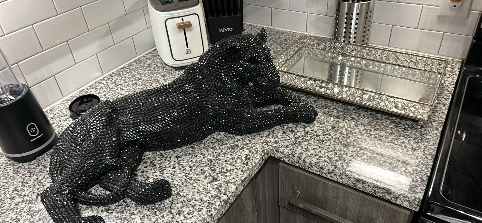 Black Shiny Crystal Leopard & Glass Tray 